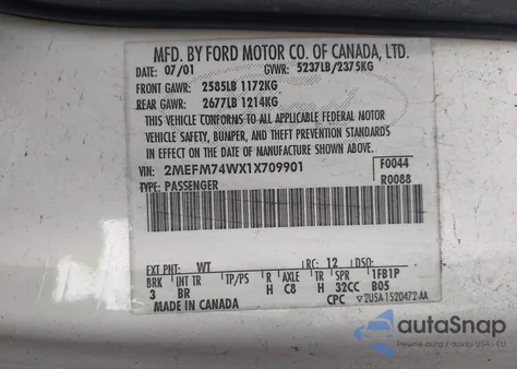 2001 Mercury Grand Marquis Gs from USA, damaged, VIN 2MEFM74WX1X709901